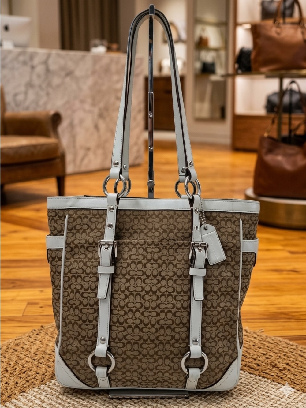Coach gallery signature jacquard tote bag!! Brown with white leather trim!!